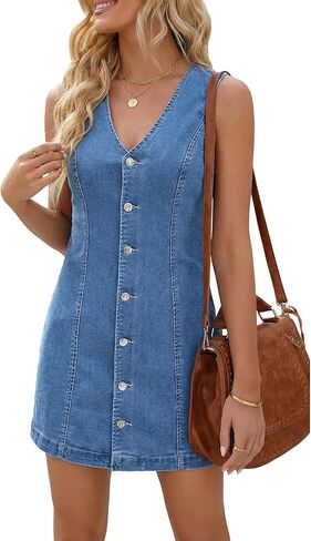 EMMIOL Women's Sleeveless Denim Dress Button Front Relaxed V-Neck Jean Mini Dress Summer Casual Daily Dress 2026 Trendy in Saudi Arabia