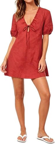 Amazhiyu Women‘s 100% Linen V Neck Short Sleeve Mini Dress for Petite Ladies in Saudi Arabia