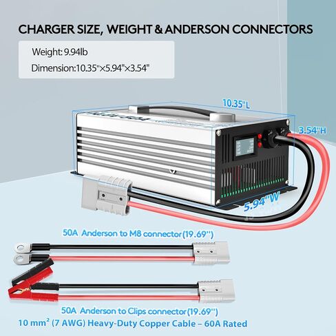 شاحن بطارية LiFePO4 14.6 فولت 50 أمبير، شاحن ليثيوم 12 فولت 50 أمبير لبطاريات LiFePO4 12.8 فولت، شاشة LCD وLED، نقل كامل، مثالي للمركبات الترفيهية والبحرية والطاقة الشمسية in Kuwait