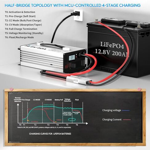 شاحن بطارية LiFePO4 14.6 فولت 50 أمبير، شاحن ليثيوم 12 فولت 50 أمبير لبطاريات LiFePO4 12.8 فولت، شاشة LCD وLED، نقل كامل، مثالي للمركبات الترفيهية والبحرية والطاقة الشمسية in Kuwait