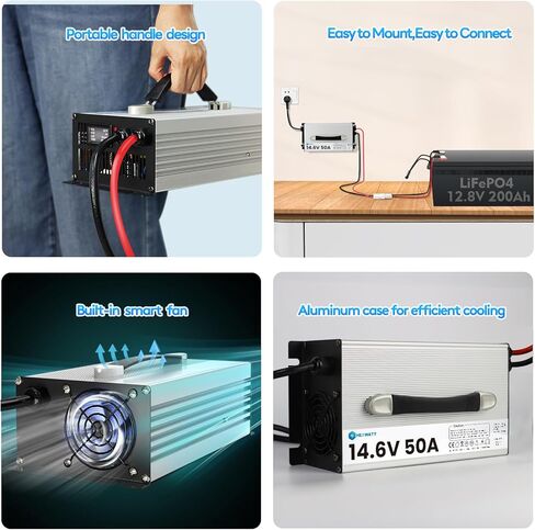 شاحن بطارية LiFePO4 14.6 فولت 50 أمبير، شاحن ليثيوم 12 فولت 50 أمبير لبطاريات LiFePO4 12.8 فولت، شاشة LCD وLED، نقل كامل، مثالي للمركبات الترفيهية والبحرية والطاقة الشمسية in Kuwait