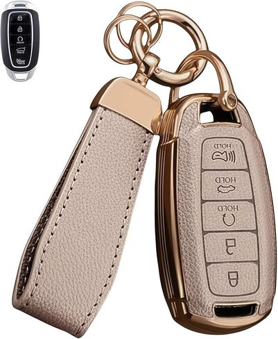 غطاء مفتاح فوب لشركة Hyundai، جلد علوي + غطاء مفتاح ناعم من مادة TPU لسيارة Palisade Elantra Santa Fe Accent Azera GT Kona in Kuwait