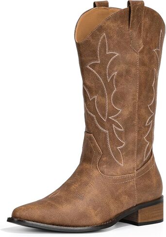 IUV Cowboy Boots for Women Western Cowgirl Boots Mid Calf Pointed Toe Boot with Chunky Heel in Kuwait