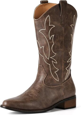 IUV Cowboy Boots for Women Western Cowgirl Boots Mid Calf Pointed Toe Boot with Chunky Heel in Saudi Arabia
