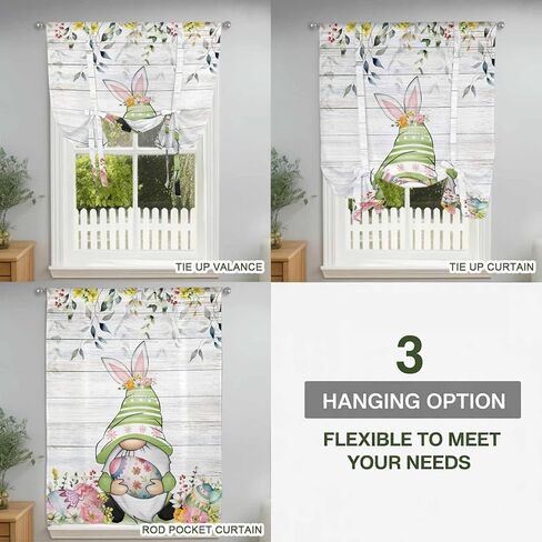 Gnomes Easter Tie Up Curtains for Window, Eucalyptus Spring Floral Eggs Wooden Thermal Insulated Balloon Shade Adjustable Rod Pocket Curtains Valance Panels for Kitchen Bathroom Café 42'' x 45'' in Saudi Arabia