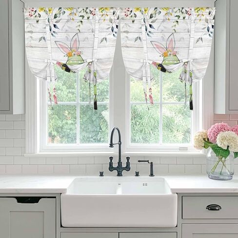 Gnomes Easter Tie Up Curtains for Window, Eucalyptus Spring Floral Eggs Wooden Thermal Insulated Balloon Shade Adjustable Rod Pocket Curtains Valance Panels for Kitchen Bathroom Café 42'' x 45'' in Saudi Arabia