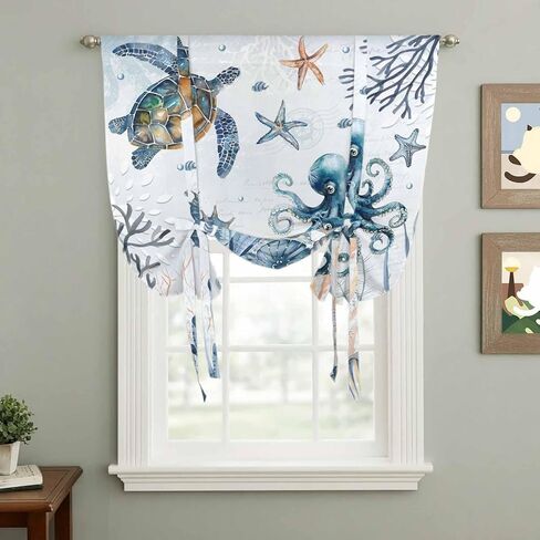 Blue Turtle Coastal Tie Up Curtains for Window, Octopus Summer Beach Coral Starfish Seahorse Thermal Balloon Shade Adjustable Rod Pocket Curtains Valance Panels for Kitchen Bathroom Café 46'' x 63'' in Saudi Arabia