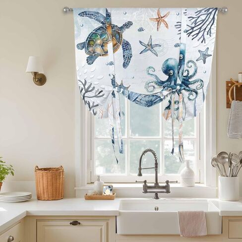 Blue Turtle Coastal Tie Up Curtains for Window, Octopus Summer Beach Coral Starfish Seahorse Thermal Balloon Shade Adjustable Rod Pocket Curtains Valance Panels for Kitchen Bathroom Café 46'' x 63'' in Saudi Arabia