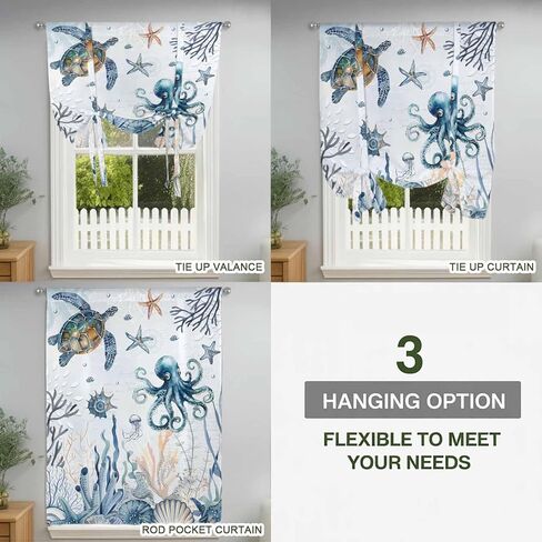 Blue Turtle Coastal Tie Up Curtains for Window, Octopus Summer Beach Coral Starfish Seahorse Thermal Balloon Shade Adjustable Rod Pocket Curtains Valance Panels for Kitchen Bathroom Café 46'' x 63'' in Saudi Arabia