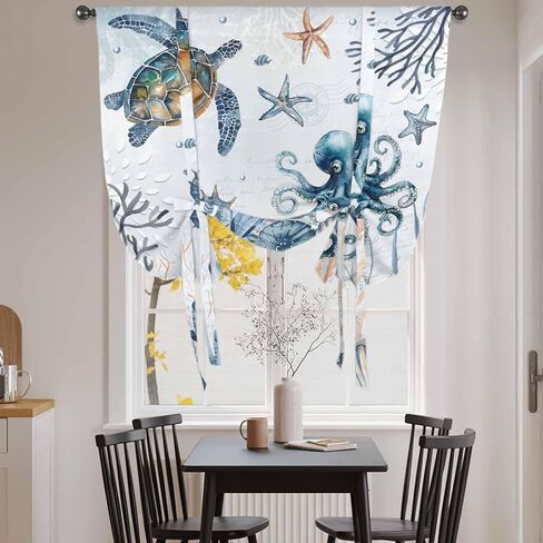 Blue Turtle Coastal Tie Up Curtains for Window, Octopus Summer Beach Coral Starfish Seahorse Thermal Balloon Shade Adjustable Rod Pocket Curtains Valance Panels for Kitchen Bathroom Café 46'' x 63'' in Saudi Arabia
