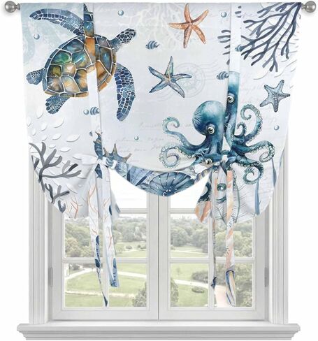 Blue Turtle Coastal Tie Up Curtains for Window, Octopus Summer Beach Coral Starfish Seahorse Thermal Balloon Shade Adjustable Rod Pocket Curtains Valance Panels for Kitchen Bathroom Café 46'' x 63'' in Saudi Arabia