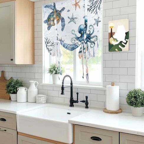 Blue Turtle Coastal Tie Up Curtains for Window, Octopus Summer Beach Coral Starfish Seahorse Thermal Balloon Shade Adjustable Rod Pocket Curtains Valance Panels for Kitchen Bathroom Café 46'' x 63'' in Saudi Arabia