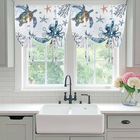 Blue Turtle Coastal Tie Up Curtains for Window, Octopus Summer Beach Coral Starfish Seahorse Thermal Balloon Shade Adjustable Rod Pocket Curtains Valance Panels for Kitchen Bathroom Café 46'' x 63'' in Saudi Arabia