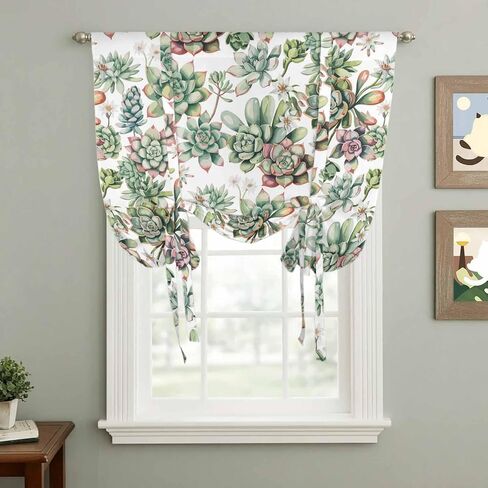 Summer Botanical Tie Up Curtains for Window, Farmhouse Retro Garden Plants Watercolor Thermal Balloon Shade Adjustable Rod Pocket Curtains Valance Panels for Kitchen Bathroom Café 46'' x 63'' in Saudi Arabia