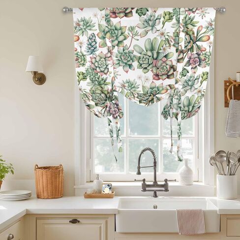 Summer Botanical Tie Up Curtains for Window, Farmhouse Retro Garden Plants Watercolor Thermal Balloon Shade Adjustable Rod Pocket Curtains Valance Panels for Kitchen Bathroom Café 46'' x 63'' in Saudi Arabia