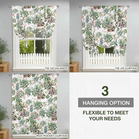 Summer Botanical Tie Up Curtains for Window, Farmhouse Retro Garden Plants Watercolor Thermal Balloon Shade Adjustable Rod Pocket Curtains Valance Panels for Kitchen Bathroom Café 46'' x 63'' in Saudi Arabia