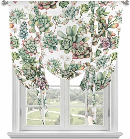 Summer Botanical Tie Up Curtains for Window, Farmhouse Retro Garden Plants Watercolor Thermal Balloon Shade Adjustable Rod Pocket Curtains Valance Panels for Kitchen Bathroom Café 46'' x 63'' in Saudi Arabia