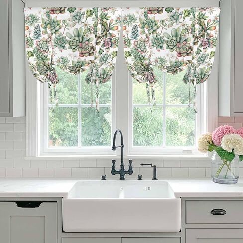 Summer Botanical Tie Up Curtains for Window, Farmhouse Retro Garden Plants Watercolor Thermal Balloon Shade Adjustable Rod Pocket Curtains Valance Panels for Kitchen Bathroom Café 46'' x 63'' in Saudi Arabia