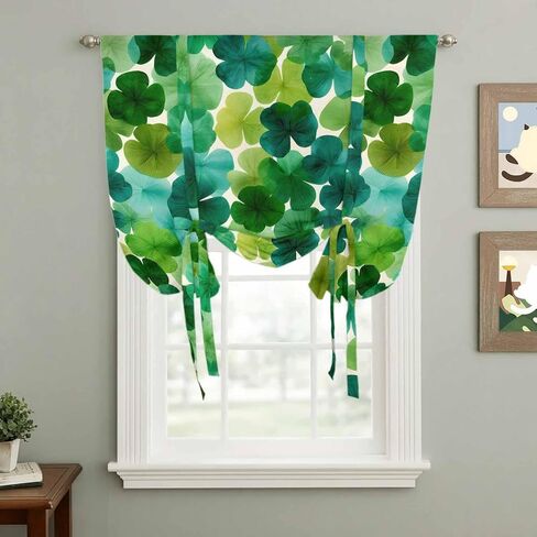 St. Patrick's Day Tie Up Curtains for Window, Green Lucky Shamrocks Spring Plants Thermal Insulated Balloon Shade Adjustable Rod Pocket Curtains Valance Panels for Kitchen Bathroom Café 42'' x 45'' in Saudi Arabia