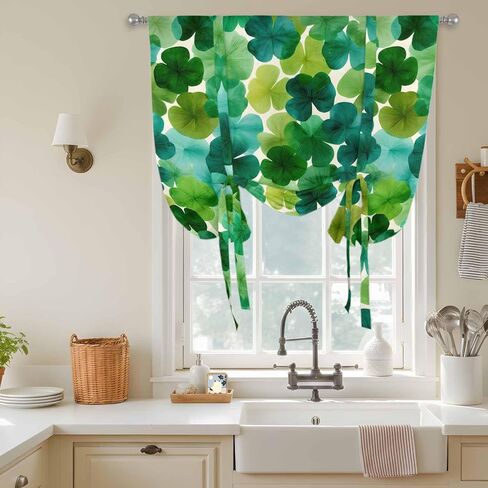 St. Patrick's Day Tie Up Curtains for Window, Green Lucky Shamrocks Spring Plants Thermal Insulated Balloon Shade Adjustable Rod Pocket Curtains Valance Panels for Kitchen Bathroom Café 42'' x 45'' in Saudi Arabia