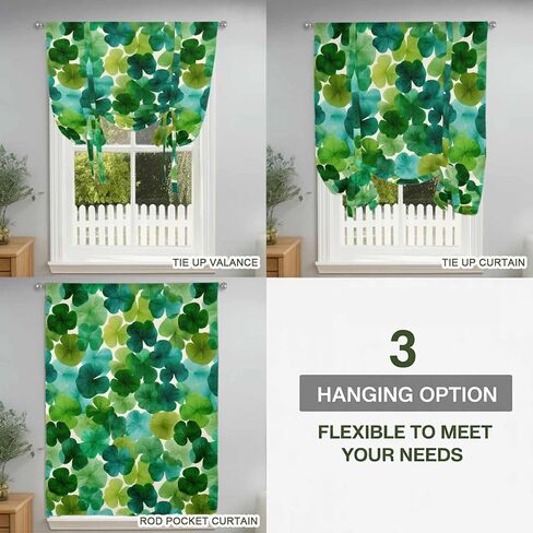 St. Patrick's Day Tie Up Curtains for Window, Green Lucky Shamrocks Spring Plants Thermal Insulated Balloon Shade Adjustable Rod Pocket Curtains Valance Panels for Kitchen Bathroom Café 42'' x 45'' in Saudi Arabia