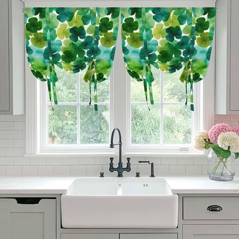 St. Patrick's Day Tie Up Curtains for Window, Green Lucky Shamrocks Spring Plants Thermal Insulated Balloon Shade Adjustable Rod Pocket Curtains Valance Panels for Kitchen Bathroom Café 42'' x 45'' in Saudi Arabia