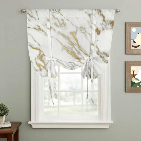 Golden Marble Tie Up Curtains for Window, Abstract Modern Minimalist Art Thermal Insulated Balloon Shade Adjustable Rod Pocket Curtains Valance Panels for Kitchen Bathroom Café 52'' x 63'' in Saudi Arabia
