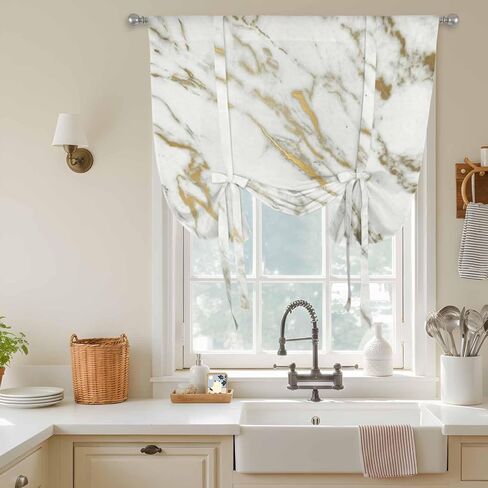 Golden Marble Tie Up Curtains for Window, Abstract Modern Minimalist Art Thermal Insulated Balloon Shade Adjustable Rod Pocket Curtains Valance Panels for Kitchen Bathroom Café 52'' x 63'' in Saudi Arabia