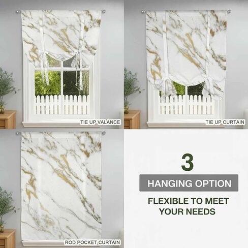 Golden Marble Tie Up Curtains for Window, Abstract Modern Minimalist Art Thermal Insulated Balloon Shade Adjustable Rod Pocket Curtains Valance Panels for Kitchen Bathroom Café 52'' x 63'' in Saudi Arabia
