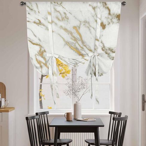 Golden Marble Tie Up Curtains for Window, Abstract Modern Minimalist Art Thermal Insulated Balloon Shade Adjustable Rod Pocket Curtains Valance Panels for Kitchen Bathroom Café 52'' x 63'' in Saudi Arabia