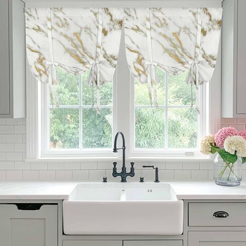 Golden Marble Tie Up Curtains for Window, Abstract Modern Minimalist Art Thermal Insulated Balloon Shade Adjustable Rod Pocket Curtains Valance Panels for Kitchen Bathroom Café 52'' x 63'' in Saudi Arabia