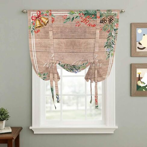 Christmas Tie Up Curtains for Window, Pine Cones Botanical Xmas Vintage Thermal Insulated Balloon Shade Adjustable Rod Pocket Curtains Valance Panels for Kitchen Bathroom Café 42'' x 45'' in Saudi Arabia