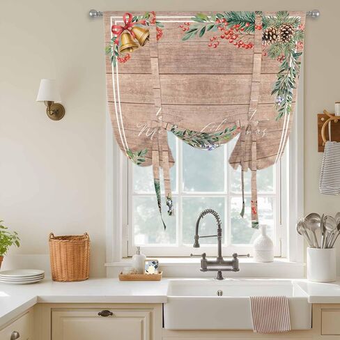 Christmas Tie Up Curtains for Window, Pine Cones Botanical Xmas Vintage Thermal Insulated Balloon Shade Adjustable Rod Pocket Curtains Valance Panels for Kitchen Bathroom Café 42'' x 45'' in Saudi Arabia
