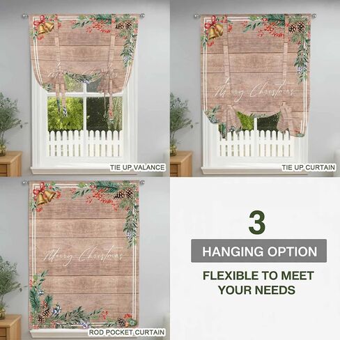 Christmas Tie Up Curtains for Window, Pine Cones Botanical Xmas Vintage Thermal Insulated Balloon Shade Adjustable Rod Pocket Curtains Valance Panels for Kitchen Bathroom Café 42'' x 45'' in Saudi Arabia