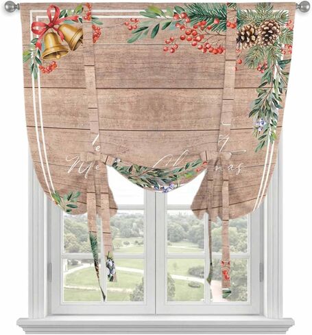 Christmas Tie Up Curtains for Window, Pine Cones Botanical Xmas Vintage Thermal Insulated Balloon Shade Adjustable Rod Pocket Curtains Valance Panels for Kitchen Bathroom Café 42'' x 45'' in Saudi Arabia