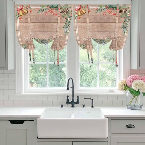 Christmas Tie Up Curtains for Window, Pine Cones Botanical Xmas Vintage Thermal Insulated Balloon Shade Adjustable Rod Pocket Curtains Valance Panels for Kitchen Bathroom Café 42'' x 45'' in Saudi Arabia