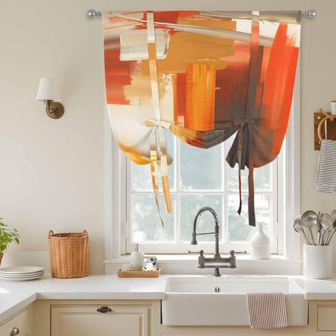 Burnt Orange Brown Tie Up Curtains for Window, Farmhouse Ombre Abstract Mottled Art Thermal Insulated Balloon Shade Adjustable Rod Pocket Curtains Valance Panels for Kitchen Bathroom Café 52'' x 63'' in Saudi Arabia