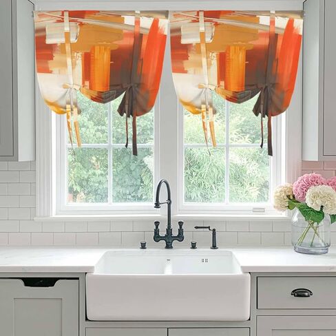 Burnt Orange Brown Tie Up Curtains for Window, Farmhouse Ombre Abstract Mottled Art Thermal Insulated Balloon Shade Adjustable Rod Pocket Curtains Valance Panels for Kitchen Bathroom Café 52'' x 63'' in Saudi Arabia