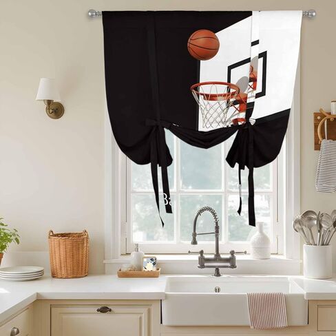 Basketball Tie Up Curtains for Window, Modern Funny Minimalist Sports Thermal Insulated Balloon Shade Adjustable Rod Pocket Curtains Valance Panels for Kitchen Bathroom Café 52'' x 63'' in Kuwait