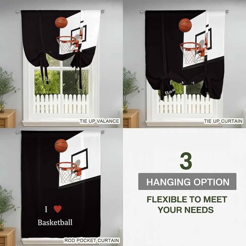 Basketball Tie Up Curtains for Window, Modern Funny Minimalist Sports Thermal Insulated Balloon Shade Adjustable Rod Pocket Curtains Valance Panels for Kitchen Bathroom Café 52'' x 63'' in Kuwait