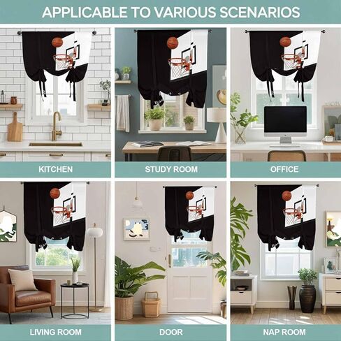 Basketball Tie Up Curtains for Window, Modern Funny Minimalist Sports Thermal Insulated Balloon Shade Adjustable Rod Pocket Curtains Valance Panels for Kitchen Bathroom Café 52'' x 63'' in Kuwait