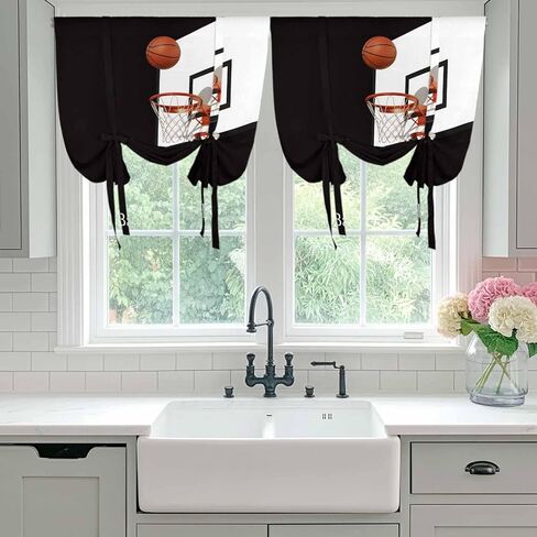 Basketball Tie Up Curtains for Window, Modern Funny Minimalist Sports Thermal Insulated Balloon Shade Adjustable Rod Pocket Curtains Valance Panels for Kitchen Bathroom Café 52'' x 63'' in Kuwait