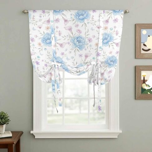 Pink Blue Flower Tie Up Curtains for Window, Spring Watercolor Floral Plant Textured Thermal Insulated Balloon Shade Adjustable Rod Pocket Curtains Valance Panels for Kitchen Bathroom Café 42'' x 54'' in Saudi Arabia