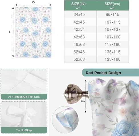 Pink Blue Flower Tie Up Curtains for Window, Spring Watercolor Floral Plant Textured Thermal Insulated Balloon Shade Adjustable Rod Pocket Curtains Valance Panels for Kitchen Bathroom Café 42'' x 54'' in Saudi Arabia