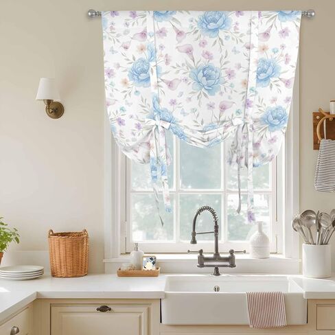 Pink Blue Flower Tie Up Curtains for Window, Spring Watercolor Floral Plant Textured Thermal Insulated Balloon Shade Adjustable Rod Pocket Curtains Valance Panels for Kitchen Bathroom Café 42'' x 54'' in Saudi Arabia