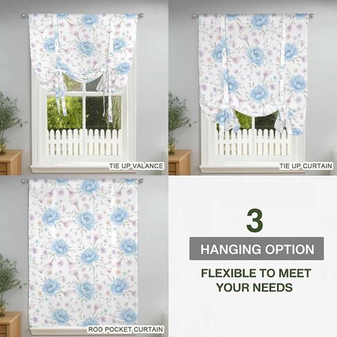 Pink Blue Flower Tie Up Curtains for Window, Spring Watercolor Floral Plant Textured Thermal Insulated Balloon Shade Adjustable Rod Pocket Curtains Valance Panels for Kitchen Bathroom Café 42'' x 54'' in Saudi Arabia