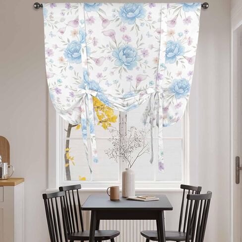 Pink Blue Flower Tie Up Curtains for Window, Spring Watercolor Floral Plant Textured Thermal Insulated Balloon Shade Adjustable Rod Pocket Curtains Valance Panels for Kitchen Bathroom Café 42'' x 54'' in Saudi Arabia