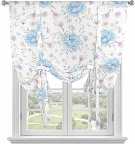 Pink Blue Flower Tie Up Curtains for Window, Spring Watercolor Floral Plant Textured Thermal Insulated Balloon Shade Adjustable Rod Pocket Curtains Valance Panels for Kitchen Bathroom Café 42'' x 54'' in Saudi Arabia