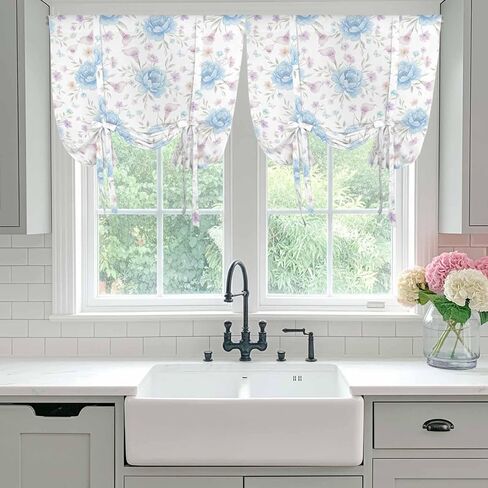 Pink Blue Flower Tie Up Curtains for Window, Spring Watercolor Floral Plant Textured Thermal Insulated Balloon Shade Adjustable Rod Pocket Curtains Valance Panels for Kitchen Bathroom Café 42'' x 54'' in Saudi Arabia