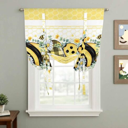 Bee Daisy Tie Up Curtains for Window, Botanical Eucalyptus Leaves Spring Love Yellow Thermal Insulated Balloon Shade Adjustable Rod Pocket Curtains Valance Panels for Kitchen Bathroom Café 42'' x 63'' in Saudi Arabia